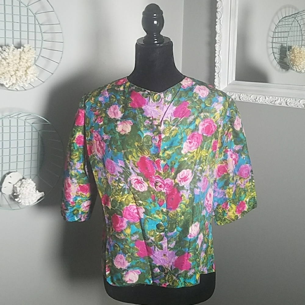 VINTAGE 50-60'S FLORAL SILK TOP